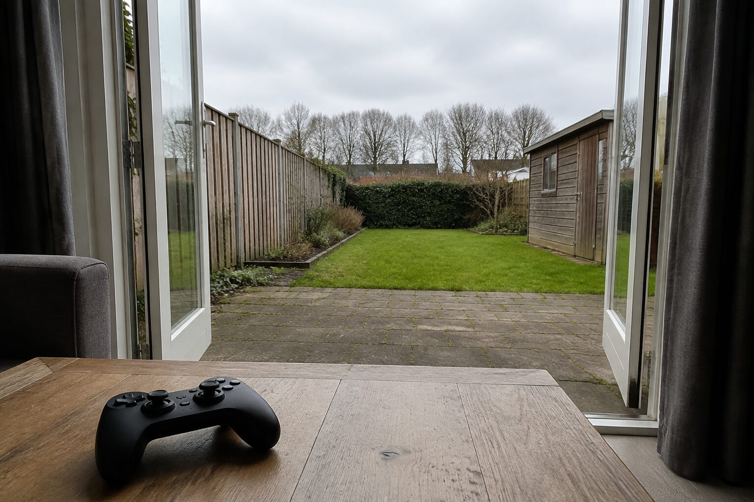 Tafel bij een open tuindeur met een controller, gras en grijze lucht buiten