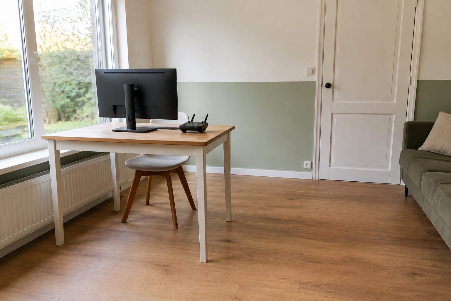 Lichte kamer met een tafel bij het raam, monitor en controller, veel vrije vloer