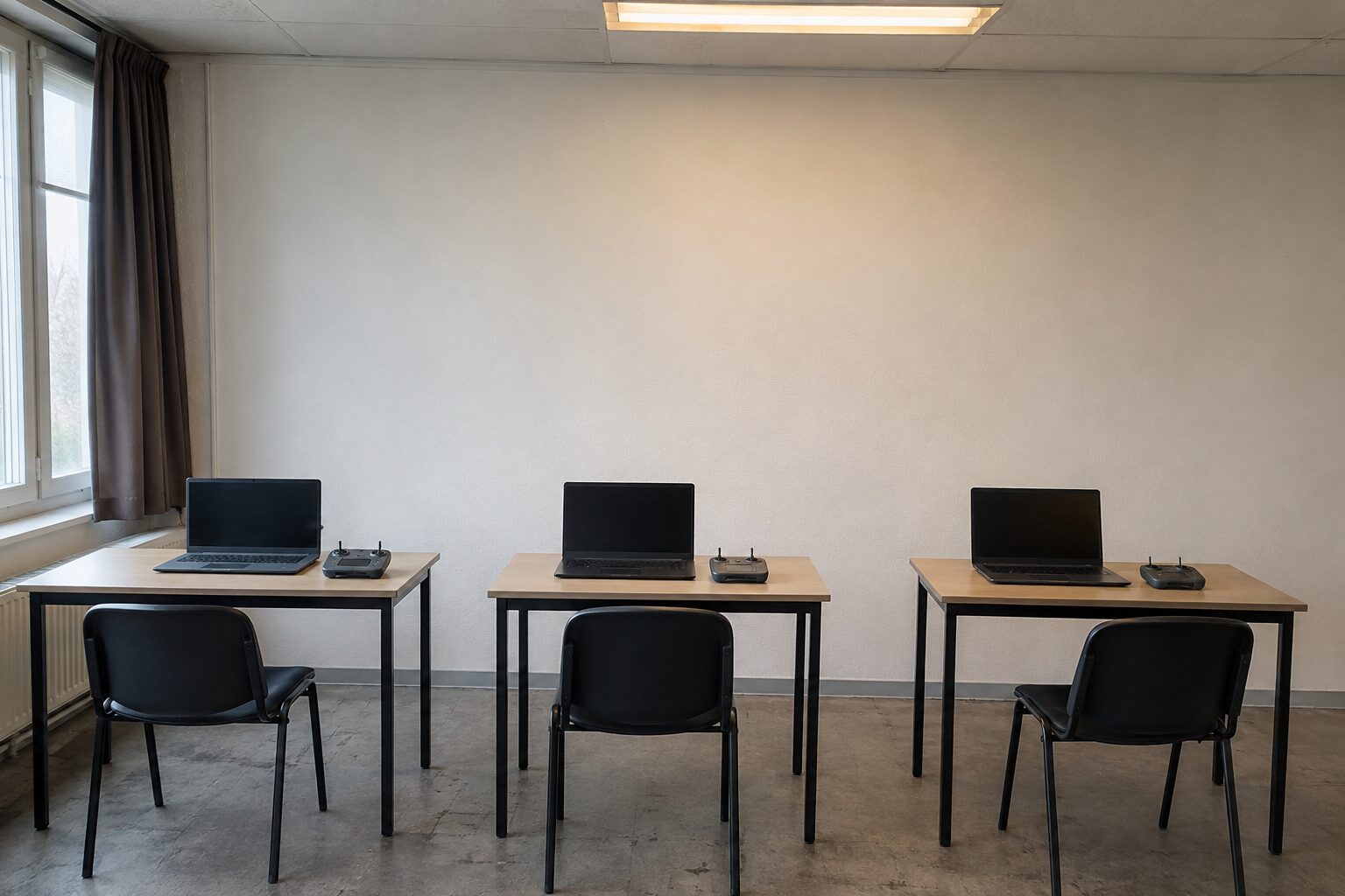 Drie bureaus op een rij met laptops en controllers in een leslokaal