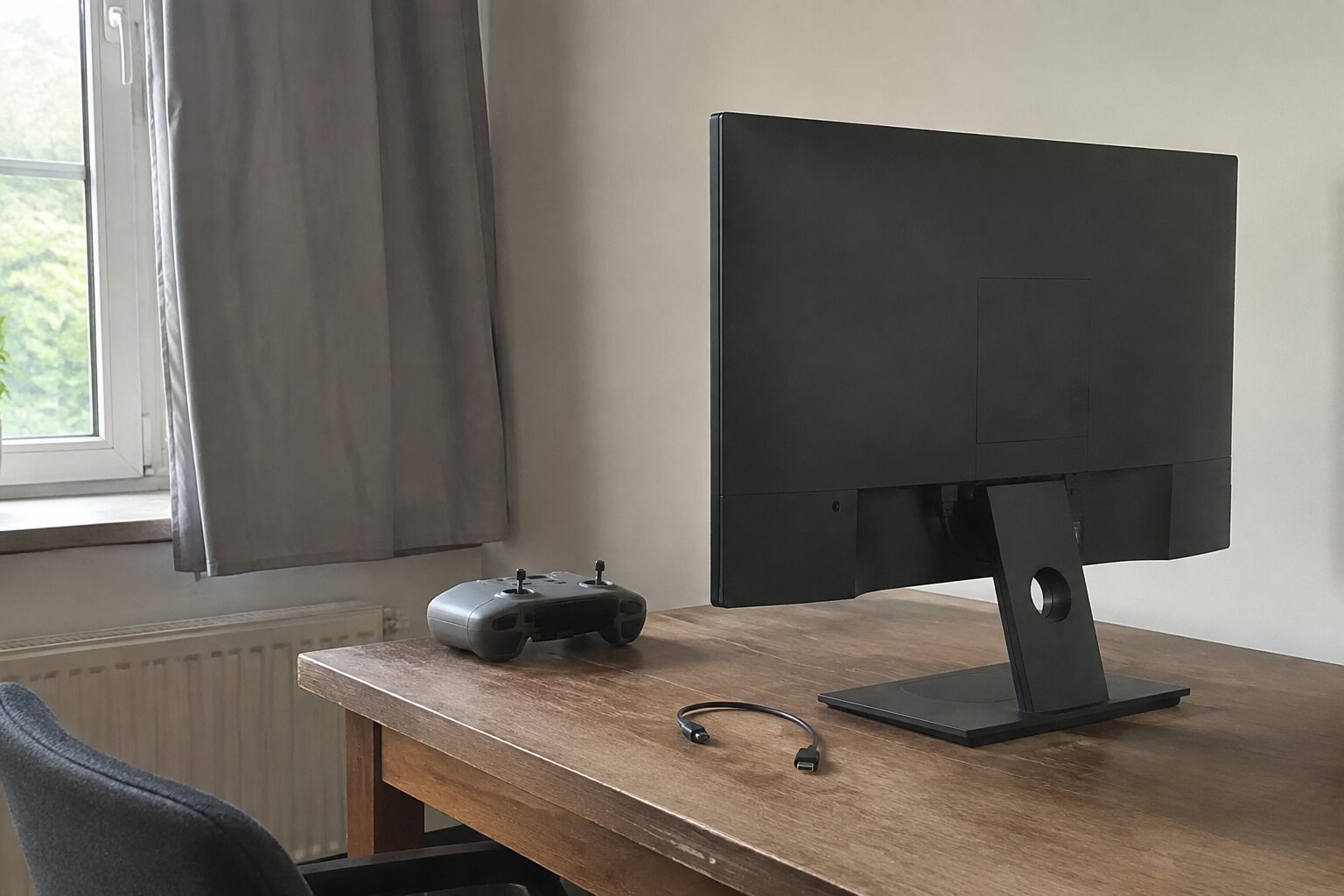 Afgewend beeldscherm op een bureau met een controller en kabel ernaast