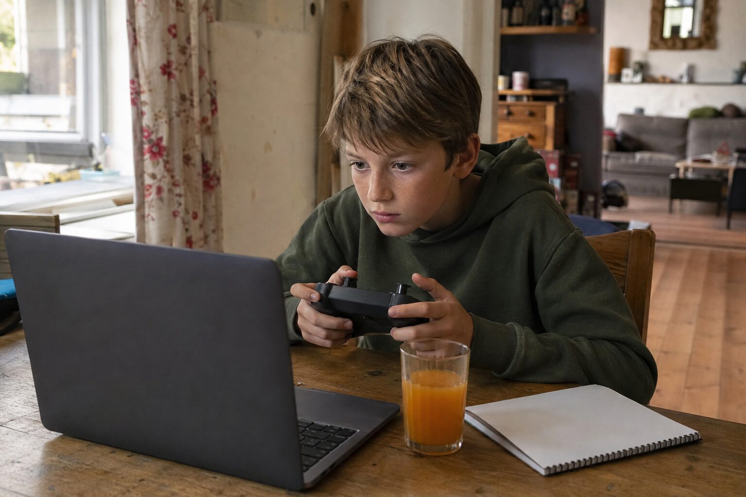 Kind van een jaar of tien met een controller in beide handen achter een laptop aan de eettafel
