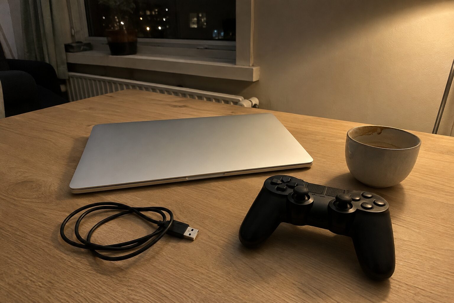 Dichtgeklapte laptop met een gamecontroller en een USB-kabel op een bureau bij avondlicht